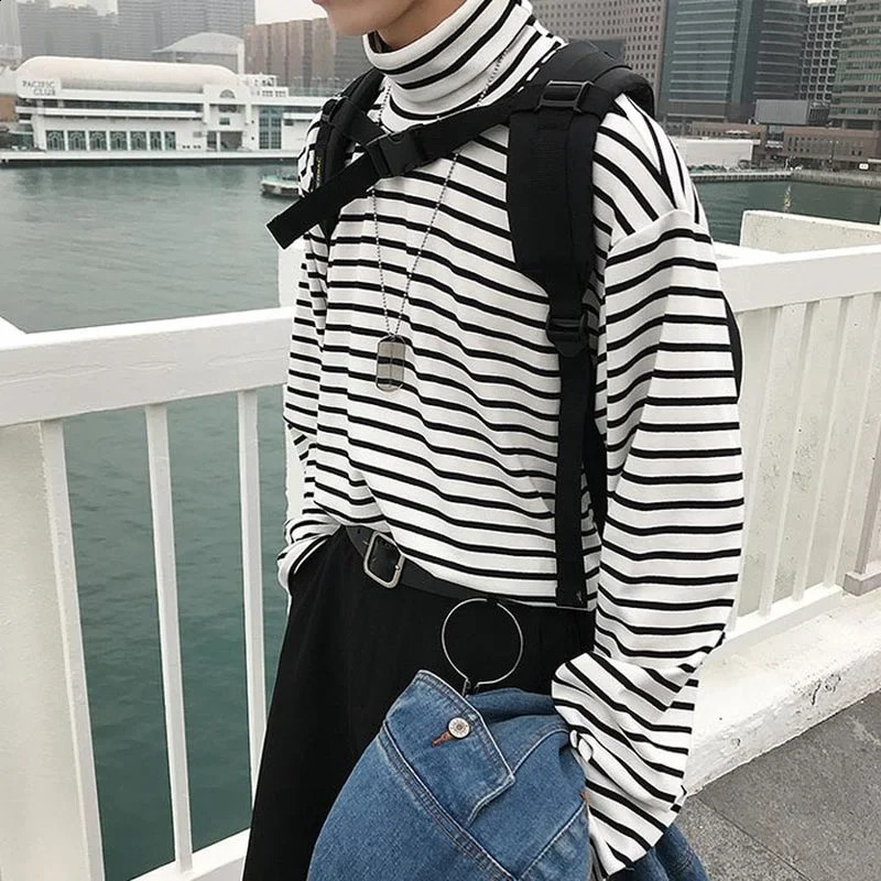 Spring Autumn Turtleneck Striped T-shirts Men Slim Fit Casual All-match Undershirts Long Sleeve Tops Couples Korean Fashion Tees 240812