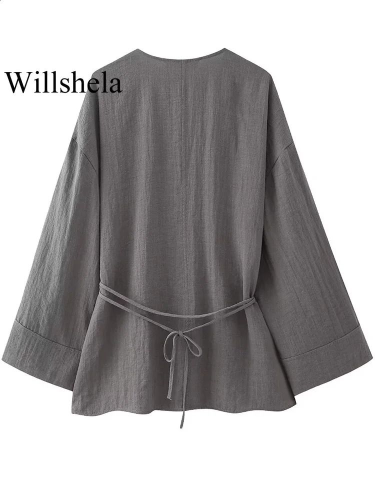 Willshela Women Fashion Two Piece Set Grey Lace Up Loose Coats Vintage High Elastic Waist Trousers Feamle Chic Lady Pants Sets 240813