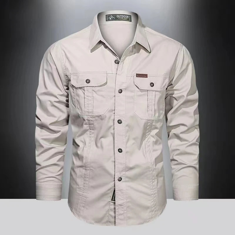 Spring 100% cotton mens long sleeved casual highquality multi pocket military top 240812
