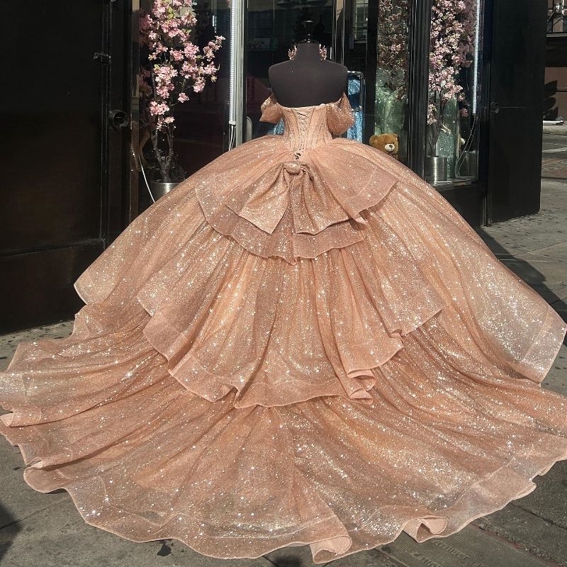 Gold Puffy Skirt Princess Sweetheart Quinceanera Dresses Off shoulder Gillter Bow Lace-up Corset Charro vestido xv 15 anos mexican