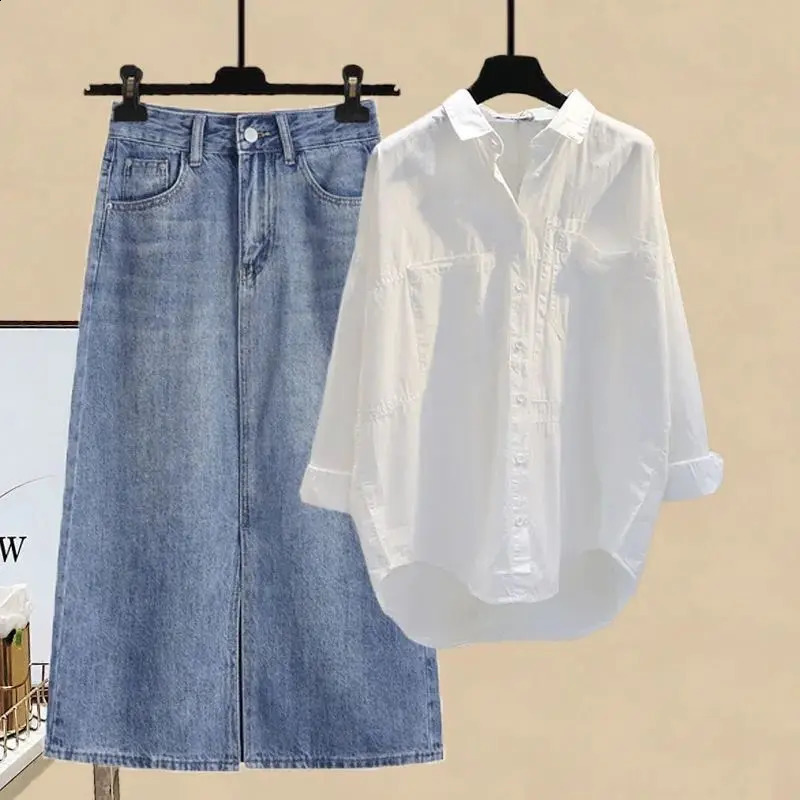 2024 Spring Women Two Piece Skirt Set Long Sleeve BlouseA Line Denim Skirt Two piece Set Two Piece Outfits 240812