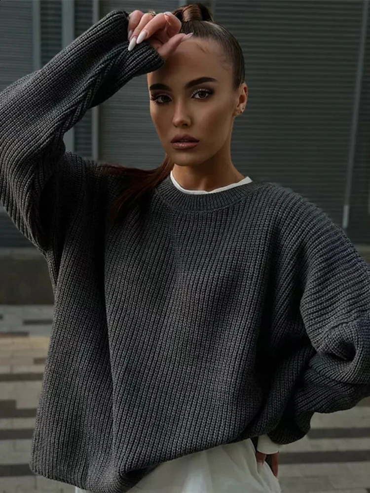 Knitted striped sweater womens loose zipper Oneck full sleeve autumn and winter casual solid competition jumper 240812