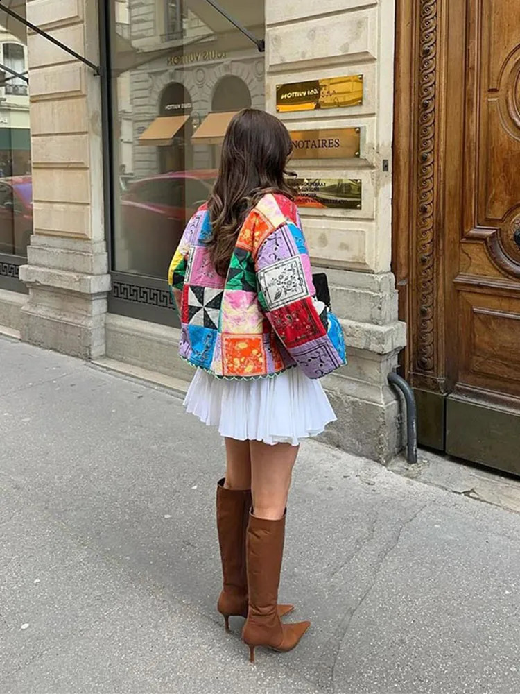 2024 Floral Printed Cotton Jacket For Women Long Sleeve Patchwork Contrasting Colors Causal Coat Autumn Winter Lady Outwears 240812