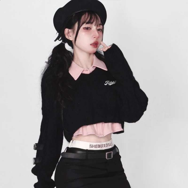 Korean Fashion Preppy style Sweet Pullover Spring Autumn Knitted Sweater Pink Vest Two peice sets Women Crop Knit Chic Top 240812