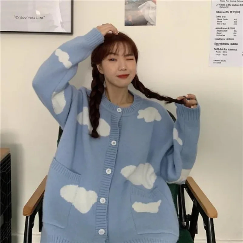 Korean Sweet Blue Sky Cloud Y2k Cardigan Women Preppy Style Loose Knitted Sweaters Coats O Neck Fashion Pockets Pull Femme 240812