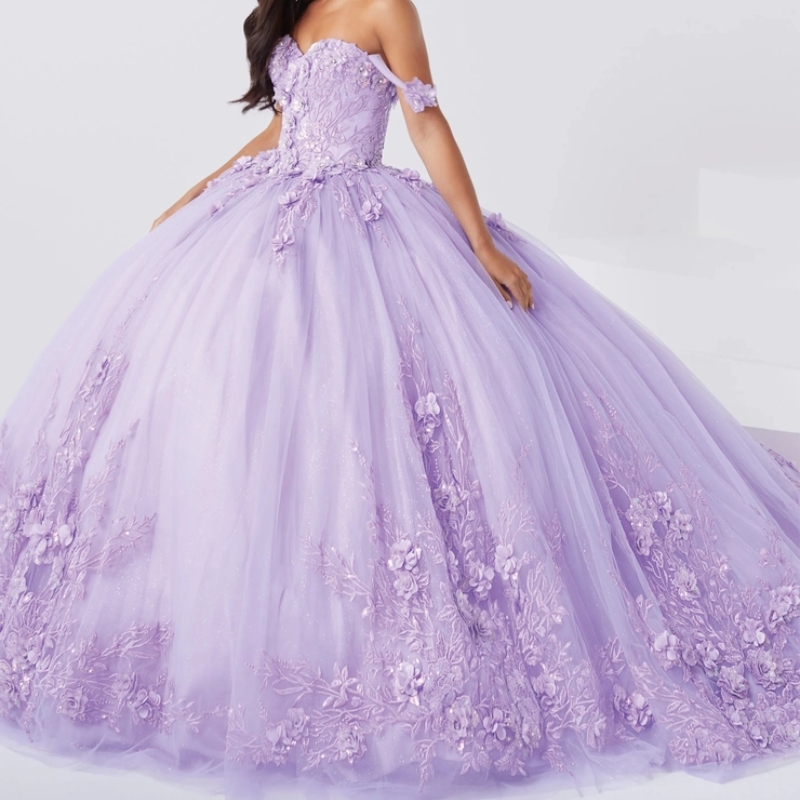 Lilac Shiny Quinceanera Dresses Ball Gown Birthday Gowns Off The Shoulder Lace Appliques Tull Corset Sweet 16 Dress vestidos de 15