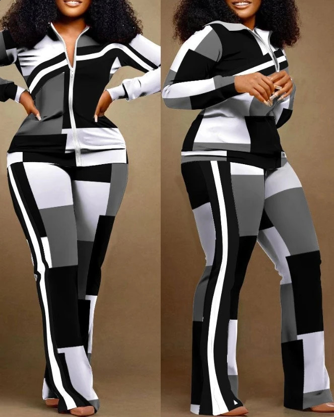 Two Piece Set Women Outfit Autumn Fashion Geometric Print Stand Collar Long Sleeve Zip Up Top Casual Sporty Pants Set 240813