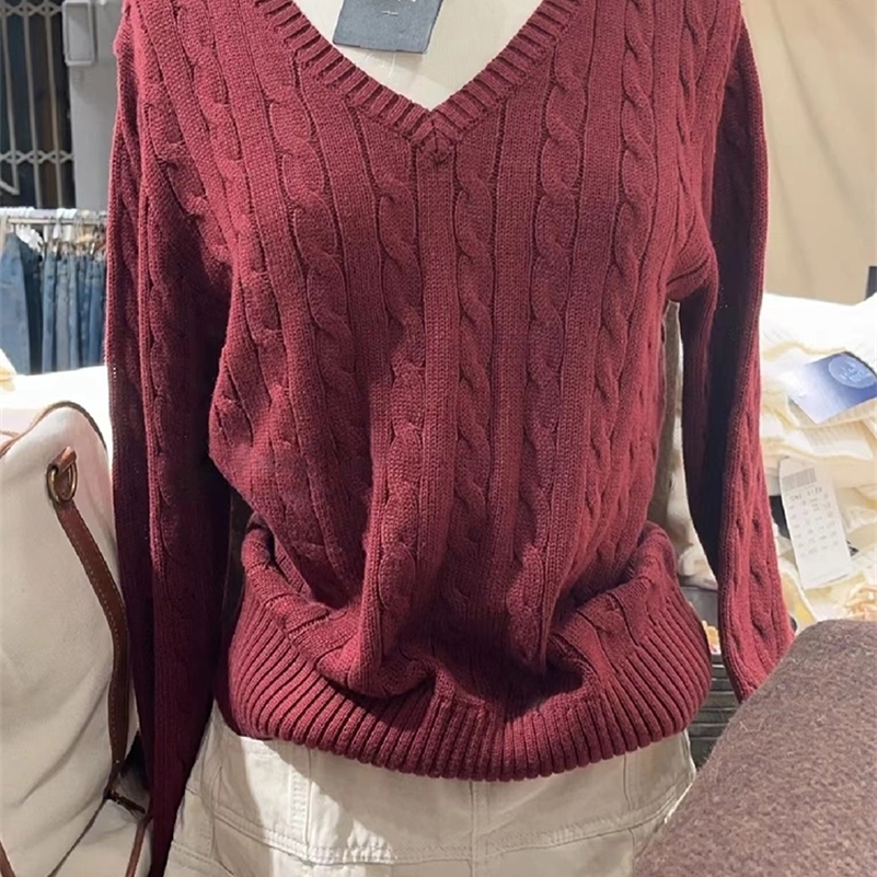 Solid Twisted Flower Knitted Sweater For Women Autumn Winter Cotton V Neck Slim Pullovers Tops Sweet Preppy Style Jumper Y2k 240812