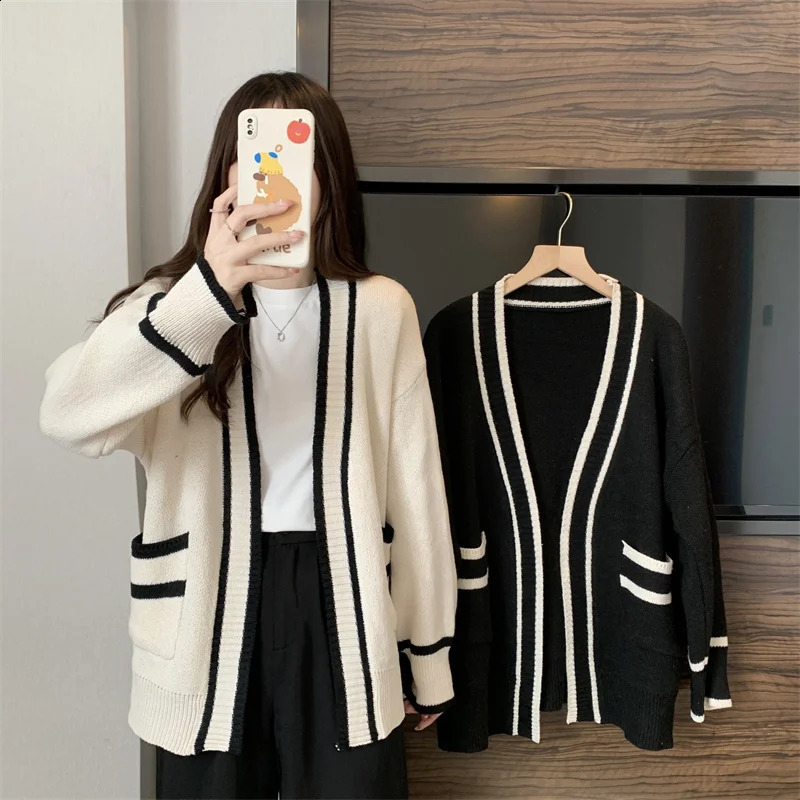Varsity Cardigan Long Sleeve V-Neck Open-Front Sweaters Knit Jacket for Women Preppy Style 240812