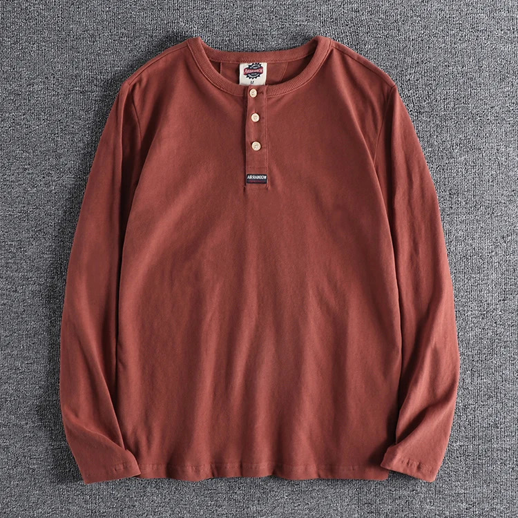 Autumn Japanese Retro Long Sleeve Henry Collar Solid Color T-shirt Mens Fashion Pure Cotton Washed Casual Tops 240812