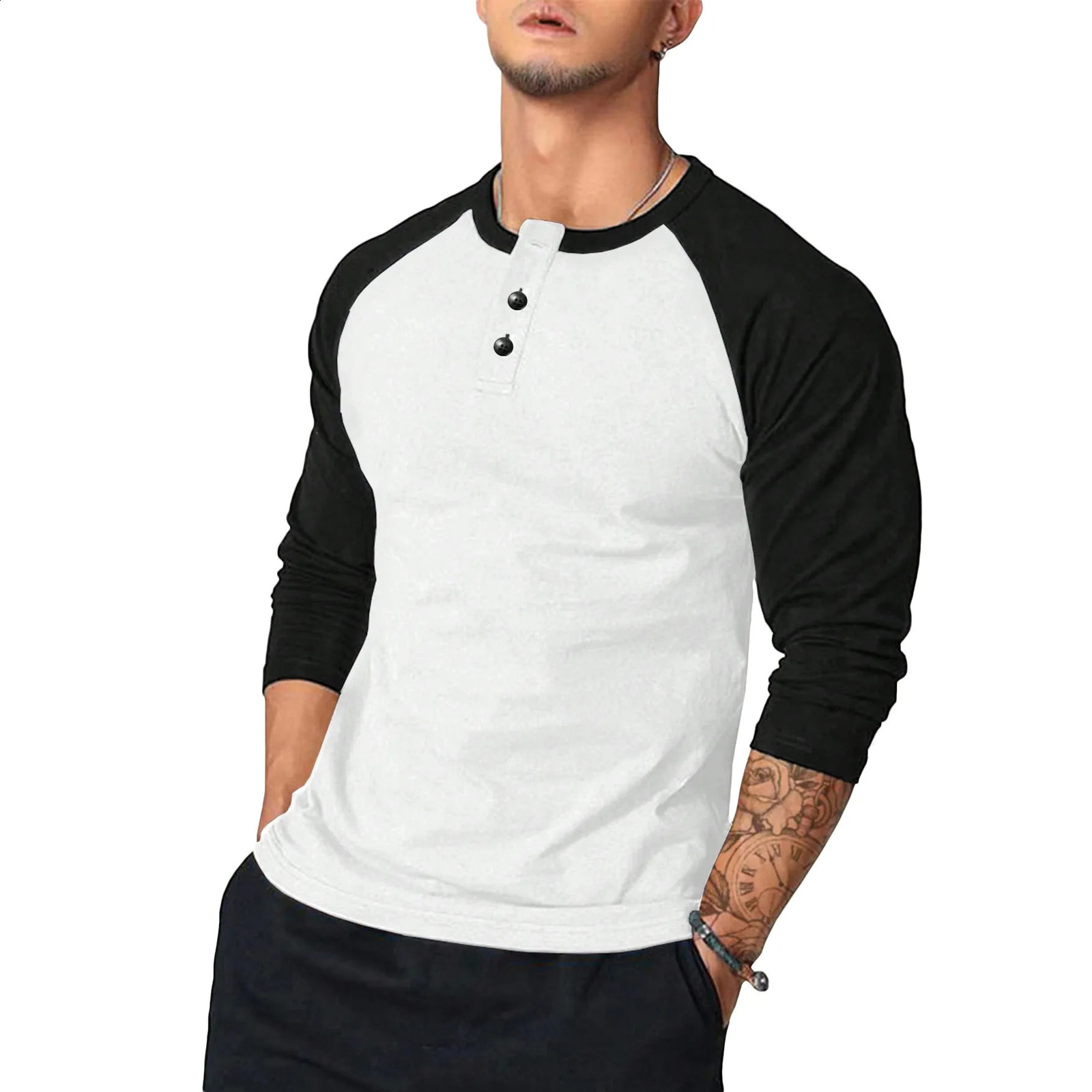 Mens button O-neck long sleeved T-shirt summer mens patch work T-shirt top LXDZ-LCC-CX5 240826