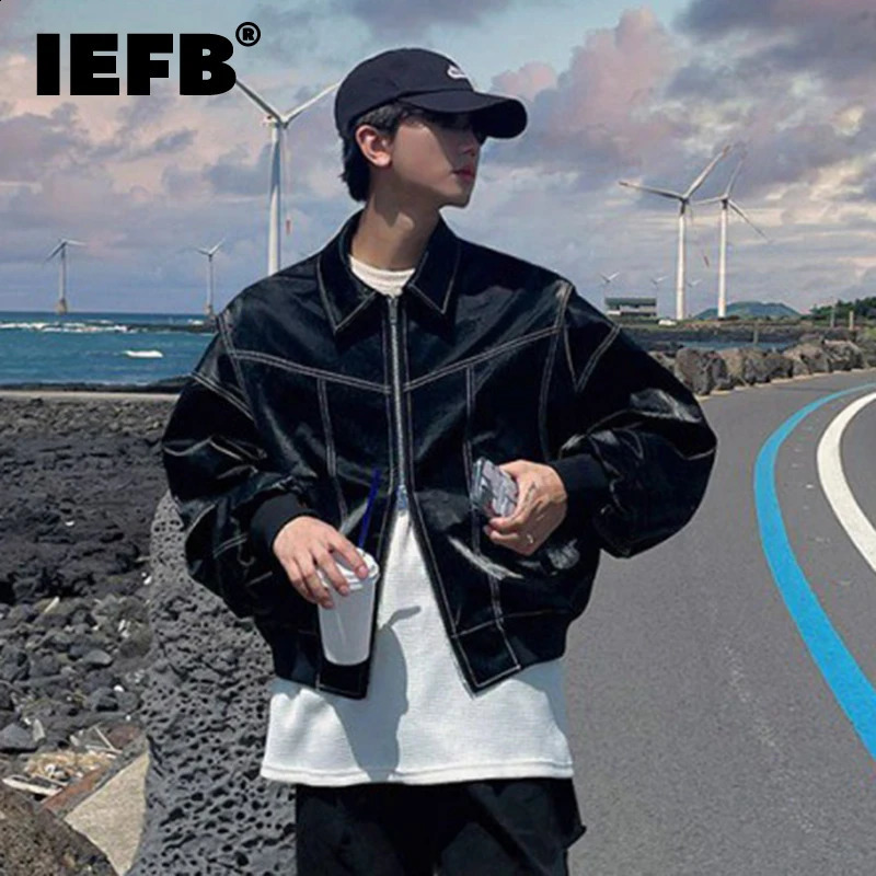 IEFB Pu Leather Jacket Trend Mens Autumn Work Clothes Style Short Coat High end Street Clothing Long Sleeve Collar Cardigan 9C1117 240812