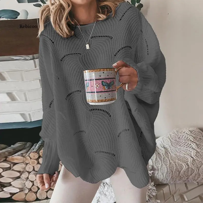 Women Hollow Out Sweater Elegant Spring Autumn Loose S Knitted Pullovers Female Winter Casual o Neck Solid Color Sweaters 240813