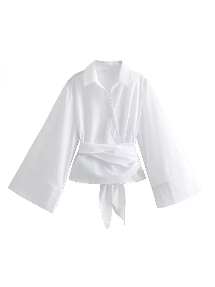 Nlzgmsj TRAF Women Fashion Back With Bow Tied Cropped White Blouses Vintage Long Sleeve Female Shirts Blouse Chic Tops 240813