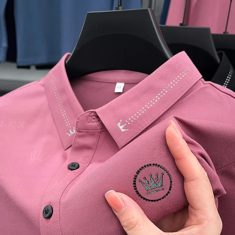 High grade ice silk long sleeve t-shirt mens spring and autumn fashion printed business polo shirt mens casual Lapel top 240820