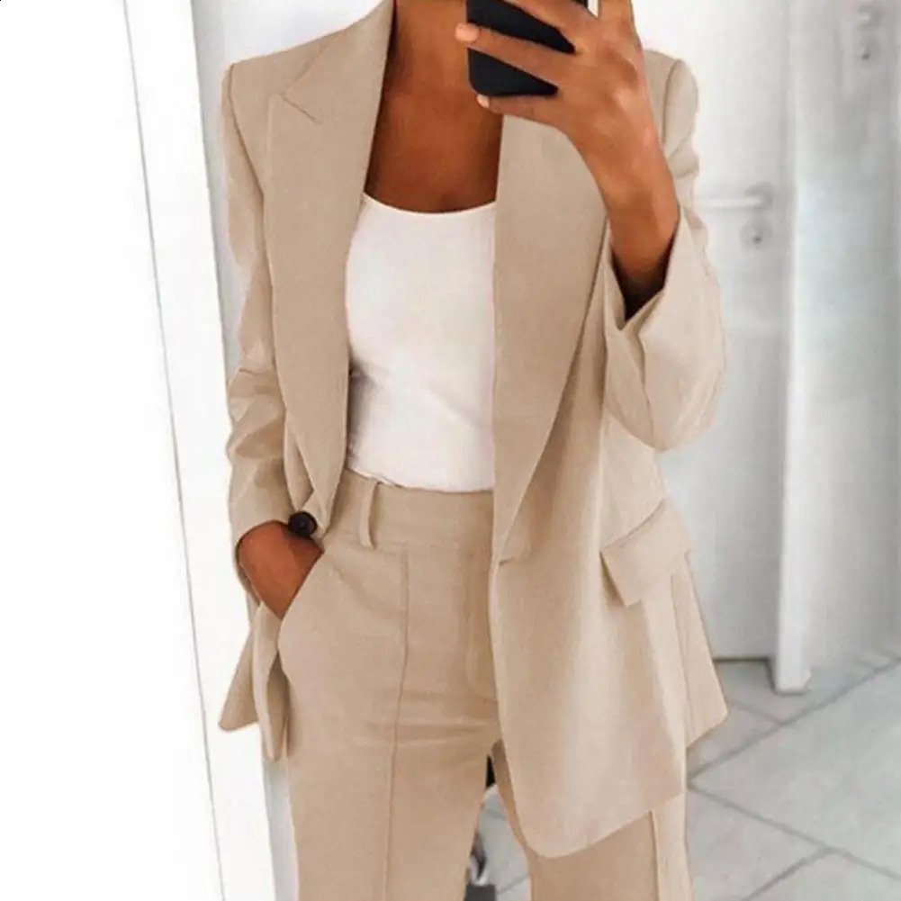 2 PcsSet Women Lapel Long Sleeve Blazer High Waist Straight Wide Leg Long Pants Set One Button Pockets Solid Color Work Suit 240813