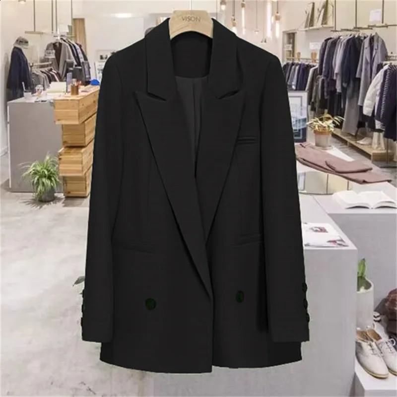 Women Fashion Double Breasted Loose Fitting Blazer Oversized Coat Vintage Long Sleeve Pockets Female Outerwear Chic Veste Femme 240813