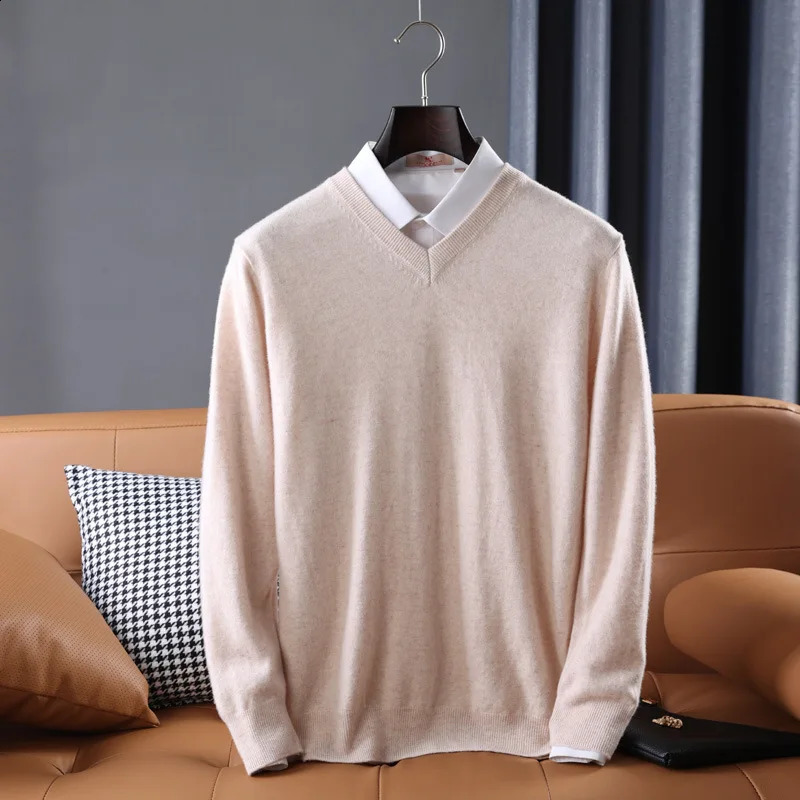 Wool Cashmere Sweater Mens V-neck Knitted Pullover Autumn Winter Sweater Casual Classic Warm Bottoming Shirt Jumpers Plus Size 240812