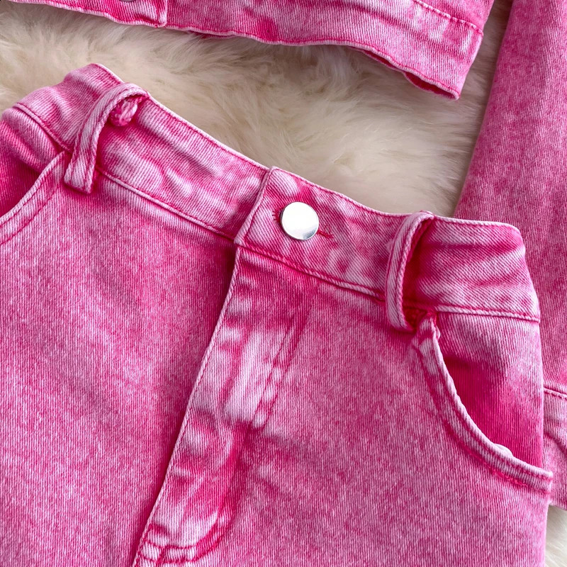 Pink Short Denim Jacket Womens Skirt Set Mid-length High Waisted Split Slinm Package Hip Skirts 2024 Spring Autumn 240812