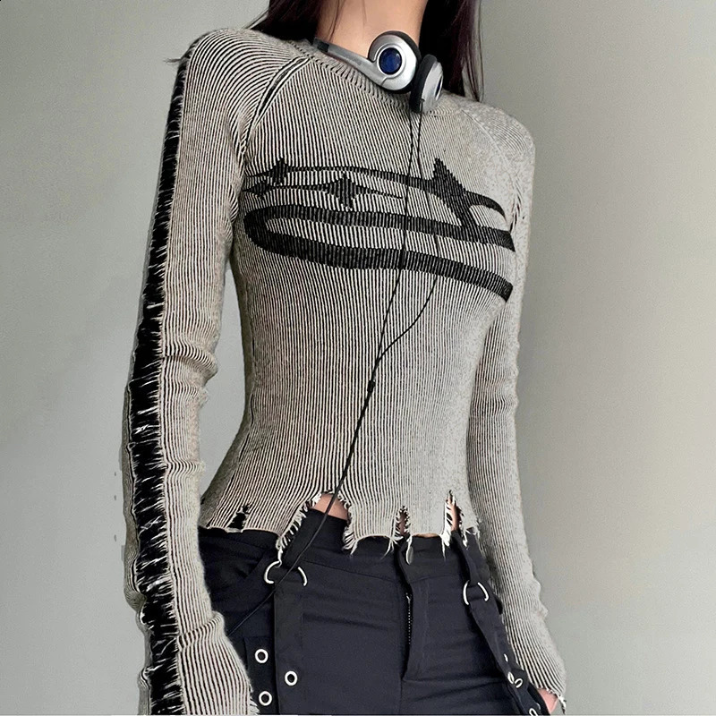 Y2K Ripped Vintage Sweater Harajuku Patchwork Print Long Sleeve Jumpers For Women Autumn Winter Basic Pullovers Street Style 240812