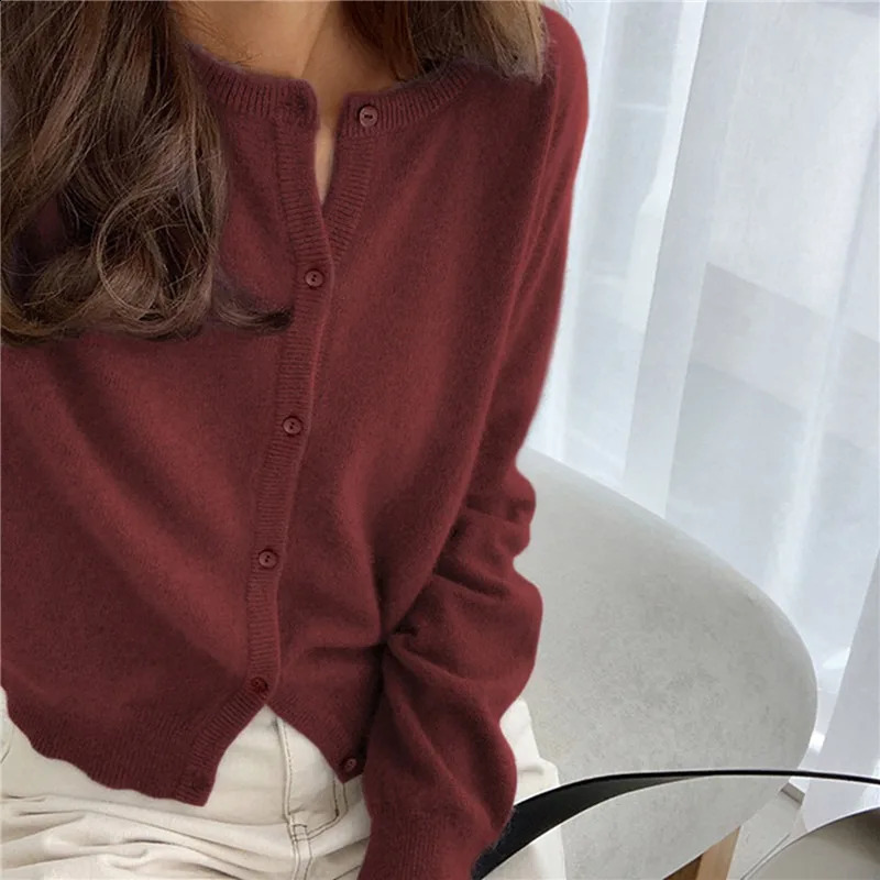 Cashmere Sweater Cardigan Women Single Breasted Long Sleeve Elegant Vintage Jumper Solid Wool Knitted Autumn Winter Outwear 240813