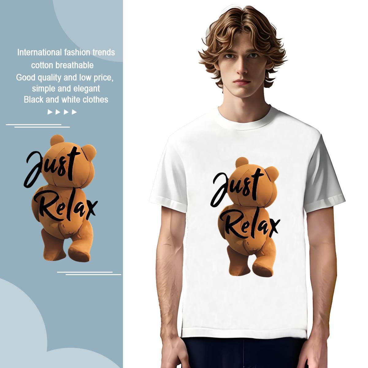 Loose T-Shirts for Men bear O Neck Short Sleeves Sport Black Oversized 230g 100% Cotton Men Tees Fashion New Wear
