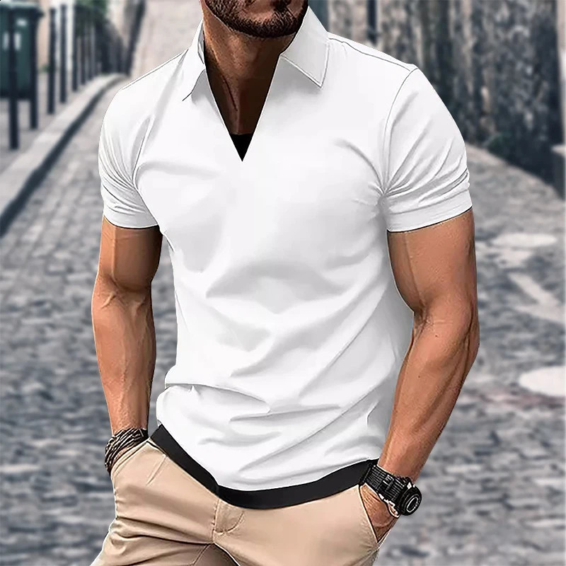 2024 summer mens casual short-sleeved Polo shirt solid color lapel fashion sports breathable T-shirt top 240813