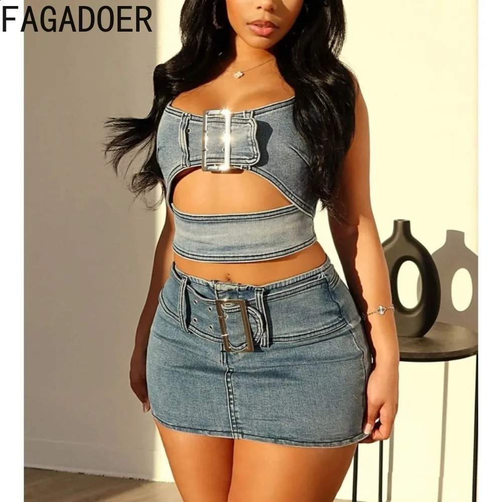FAGADOER Blue Fashion Hollow Out Elasticity Denim Two Piece Sets Women Thin Strap Sleeveless Tank Top And Skirts Cowboy Outfits 240812