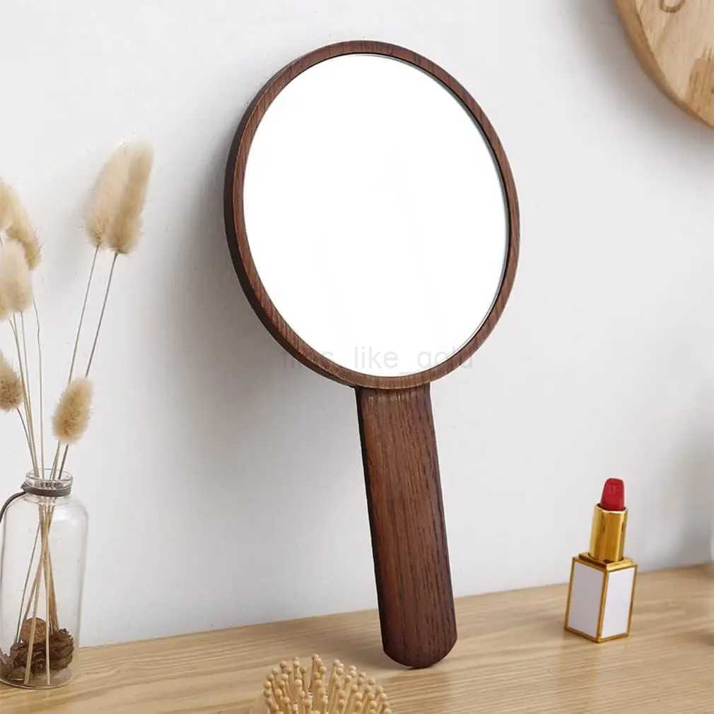 Natural Wood Handheld Mirror HD Frame Salon Hairdresser Flat Mirror Retro Style Beauty Salon Makeup Hand Mirror W240813