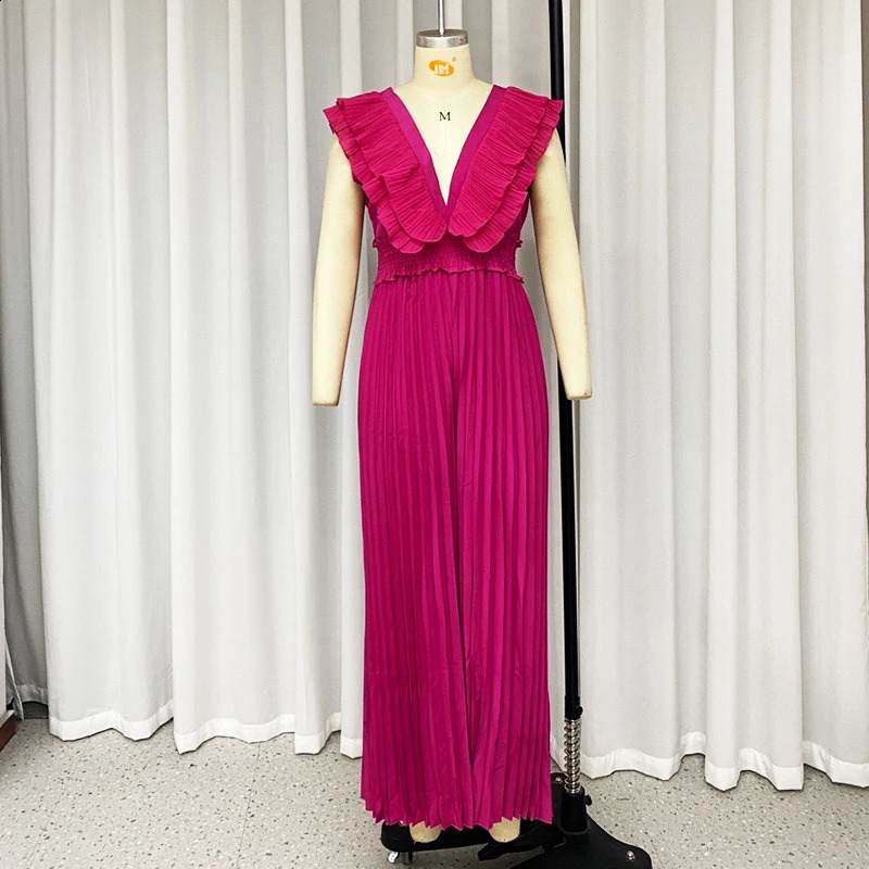 Wefads Jumpsuit Summer Elegant Women Solid Color Sleeveless V Neck Ruffled Backless Nipped Waist Wide Legs Loose Pleated Rompers 240813