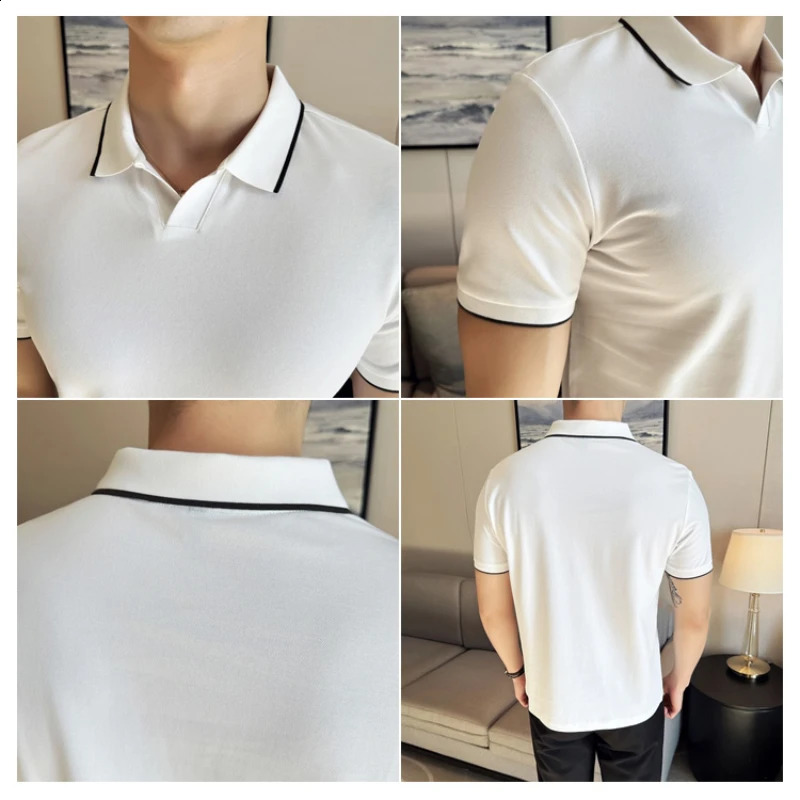 Business Casual Solid Color Mens Polo Shirt 2024 Summer Classic Men Short Sleeve V-neck T-shirt Slim Fit Spliced Polo 4XL-M 240813