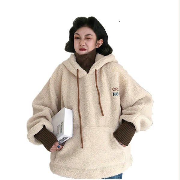 Winter cec with plush and thickened lamb pullover loose hooded fake two piece wool high neck sweatshirt jacket women s fashion 077a0