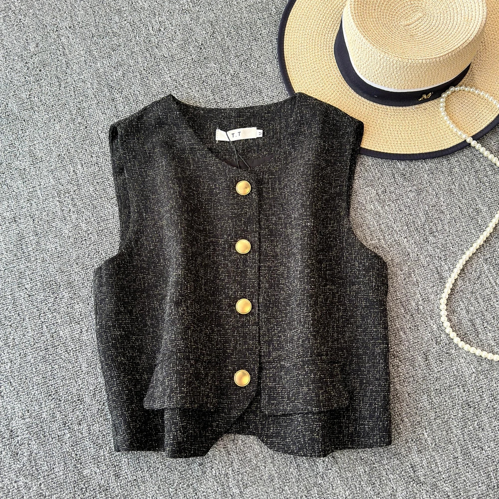 Chic Short Sleeve Coat Top Tweed Short Jacket For Women Vintage Small Fragrant Vest small gold buckle Outwear 240812