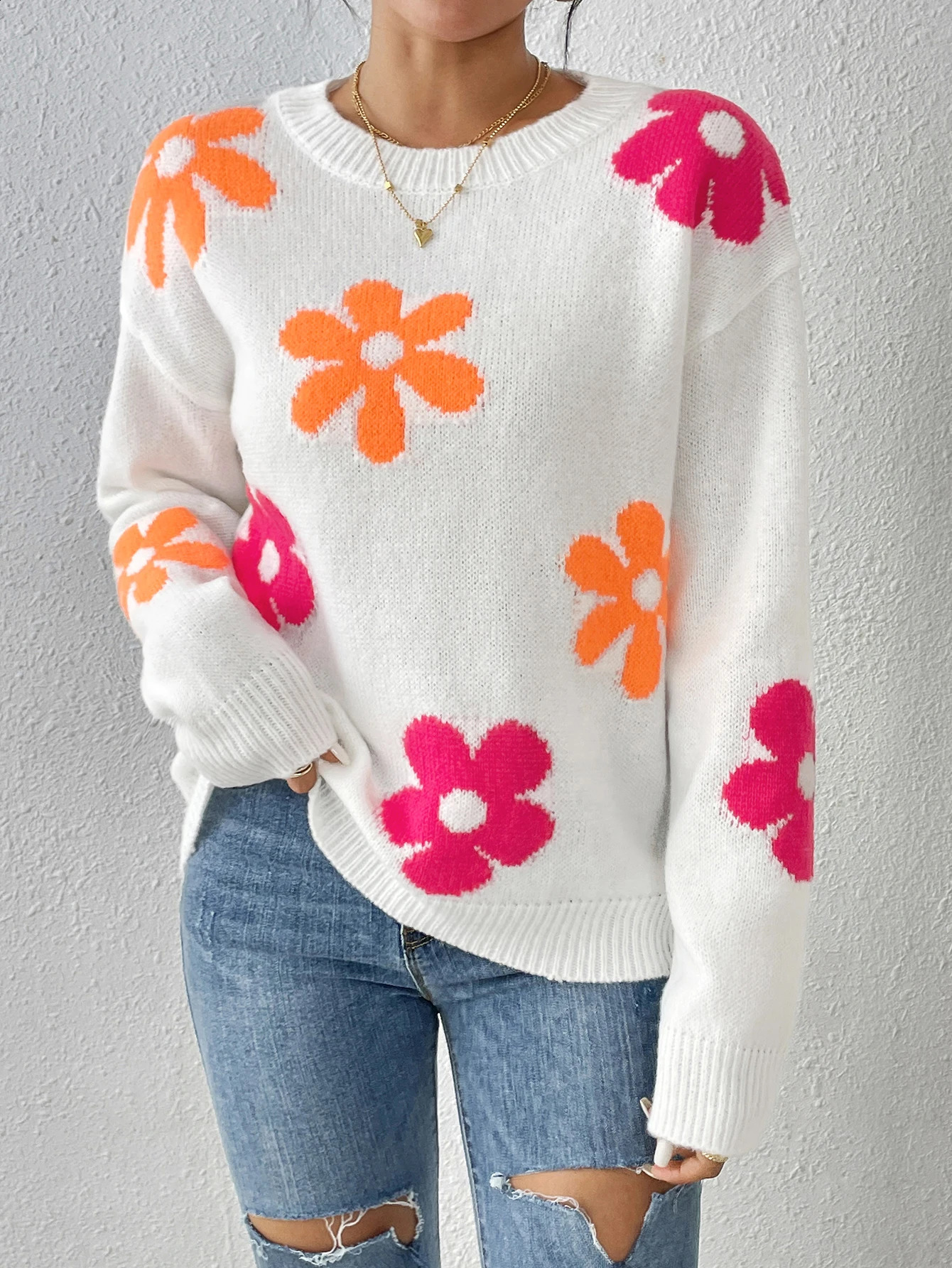 Crew-neck pullover color loose slimming long-sleeved sweater small slim fit top 240813
