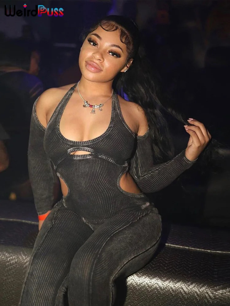 Weird Puss Ribbed Halter Jumpsuit Women Waistless Casual Tight Soft Long Sleeve Skinny Elastic Activity Hipster Fitness Overalls 240813