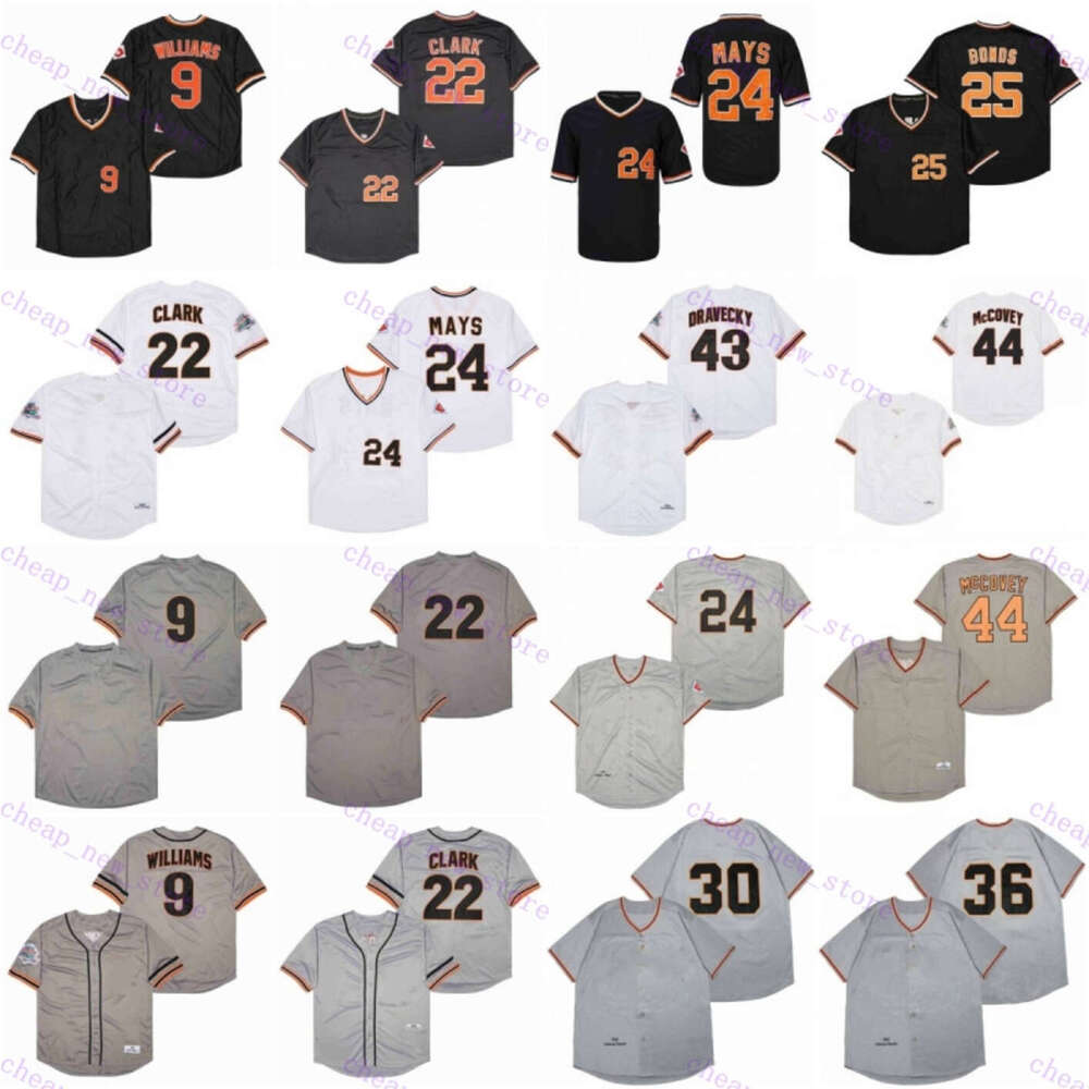 Cheap Baseball Jersey 9 Williams /22 Clark /24 Mays /25 Bonds /30 Cepeda /36 Perry /43 Dravecky /44 McCovey 1989 Vintage Retro White Black Grey Mesh Stitched