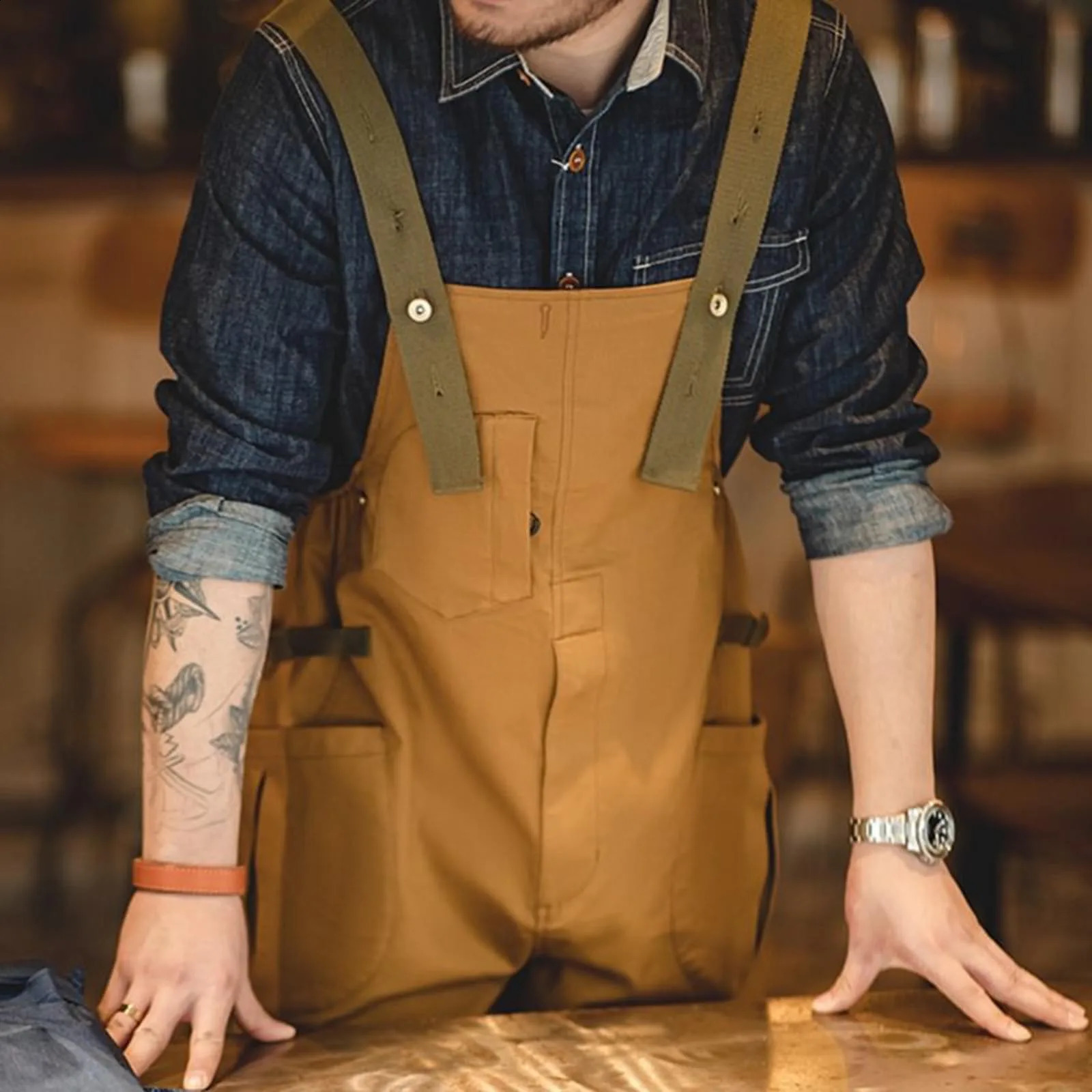 Mens denim bib cover workwear with adjustable shoulder straps stylish jumpsuit cargo pants pockets 240812