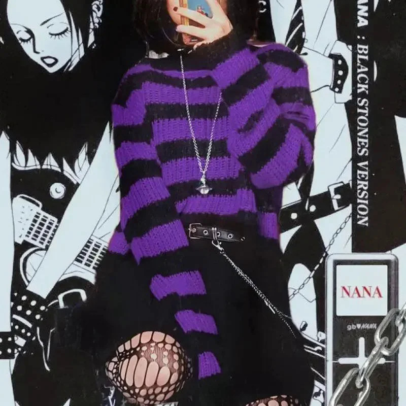 Y2K Pink Striped Gothic Sweaters Women Ripped Holes Loose Knitted Pullover Frayed Fairy Grunge Jumpers Emo Streetwear Lolita 240812