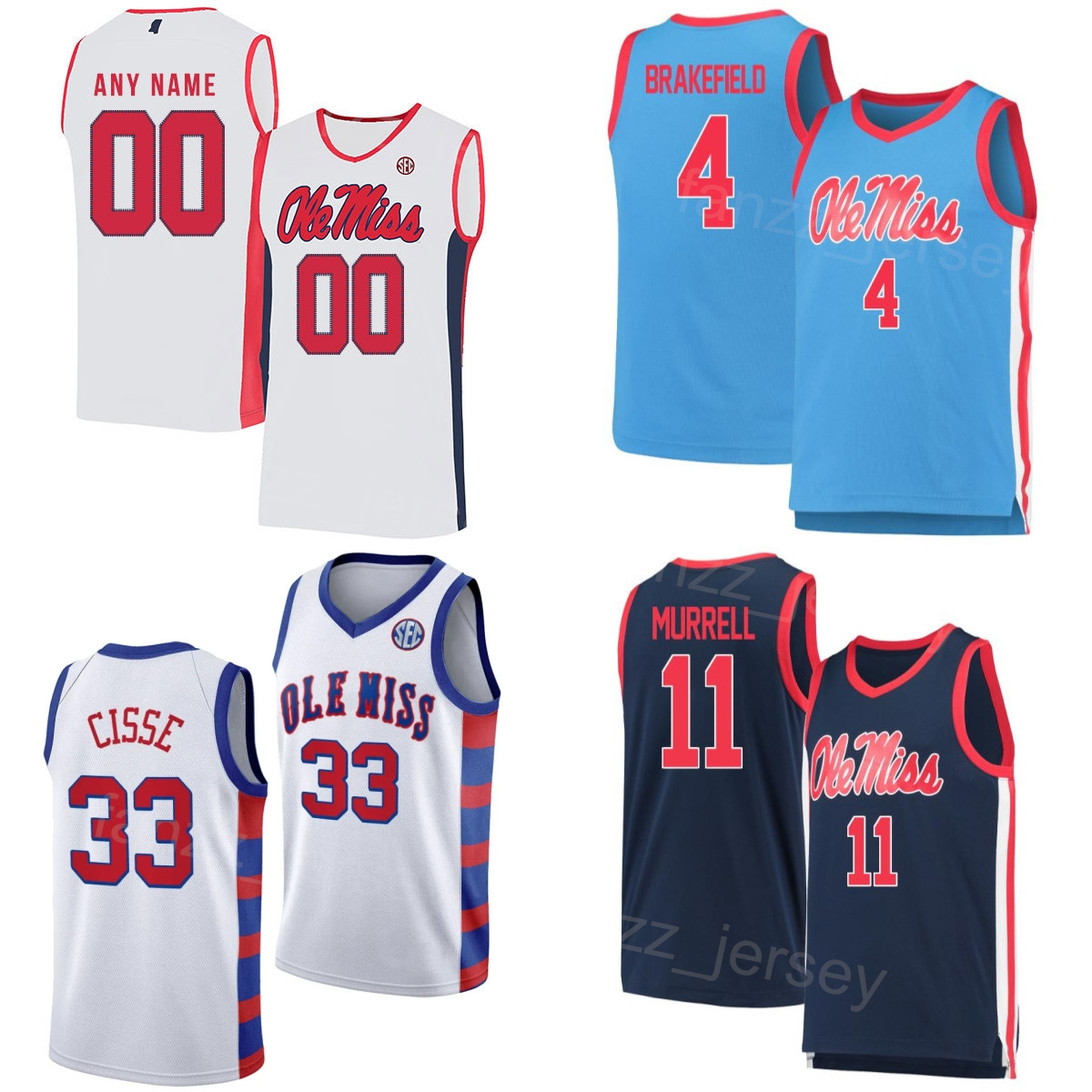Printed Men Women Kids College 11 Matthew Murrell Jersey Ole Miss Rebels Basketball 7 Allen Flanigan 5 Jaylen Murray 4 Jaemyn Brakefield 2 TJ Caldwell Moussa Cisse