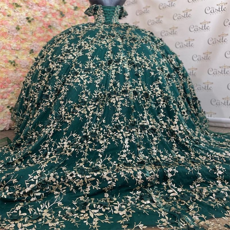 Sparkly Blackish Green Princess Off Shoulder Quinceanera Dresses Gold Lace Applique Tull Sweet 16 Ball Gown Vestidos De 15 Anos