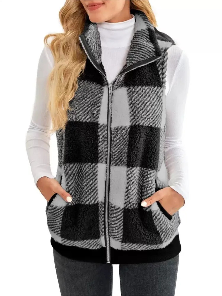 Autumn Winter Plaid Fleece Hoodie Vest Womens Cardigan Fashion Stand Collar Simple Casual Pocket Sleeveless Female Office Coat 240813