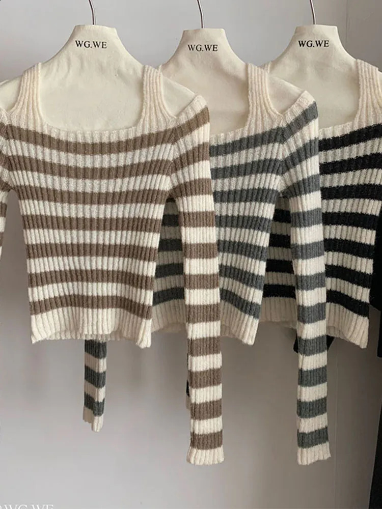 Sweet Preppy Style Classical Striped Sweater Women Halter Knitted Pullover High Street Casual Jumper Japanese Y2k Autumn Winter 240812