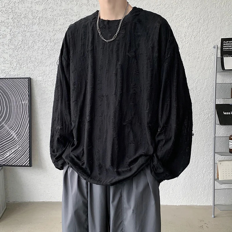 Korean Fashion Men O Neck Long Sleeve T Shirt High Street Black White Gray Hem Ripped Hole Fall Inside Tops Hip Hop Punk Clothes 240812