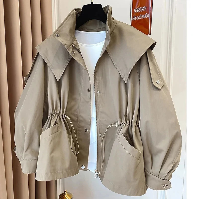 Spring Autumn Oversized Casual Waterproof Khaki Windbreaker Women Long Sleeve Hood Drawstring Zipper Jacket 240812