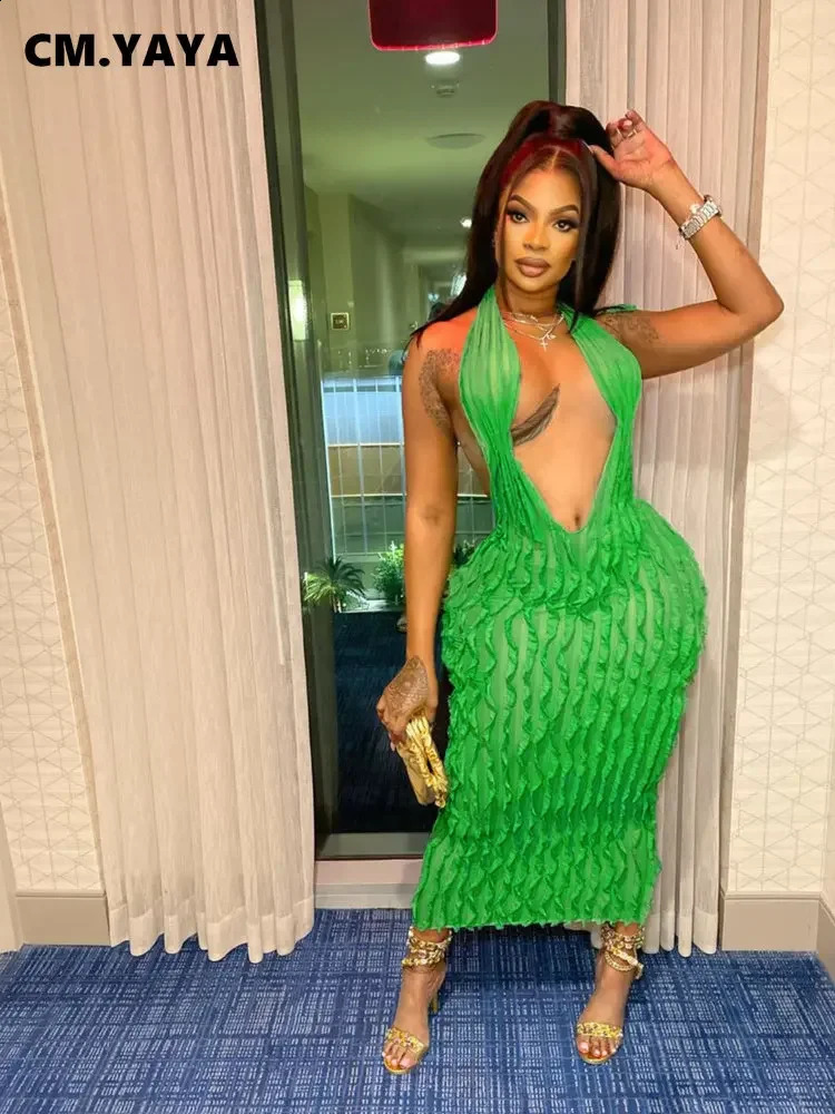 Women Halter Deep V-neck Backless Sleeveless Wave Bodycon Midi Maxi Dress 2024 Summer Street Sexy Party Vestidos Dresses 240812