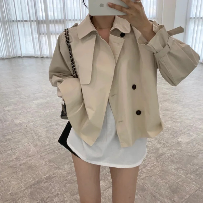 Korean Double Breasted Loose Short Long Sleeve Trench Coat Women Simple Retro Spring 2024 Jackets Fashion Streetwear Windbreaker 240813