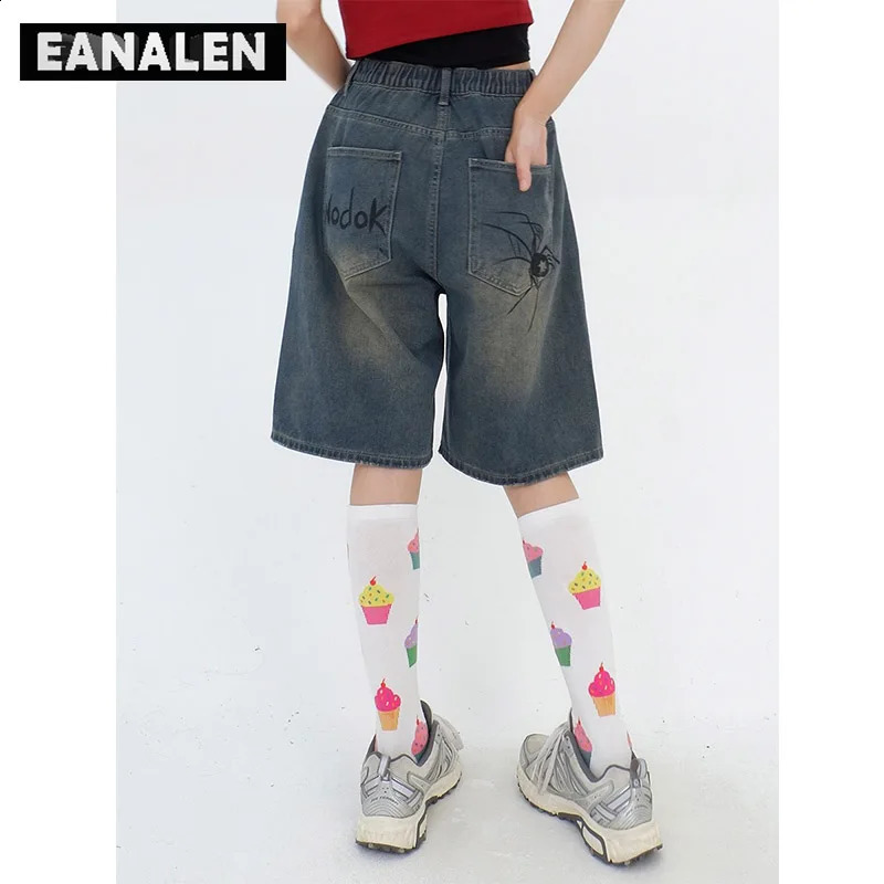 Harajuku retro graffiti spider pattern denim shorts mens oversized street rock punk campus sports basketball boyfriend 240812