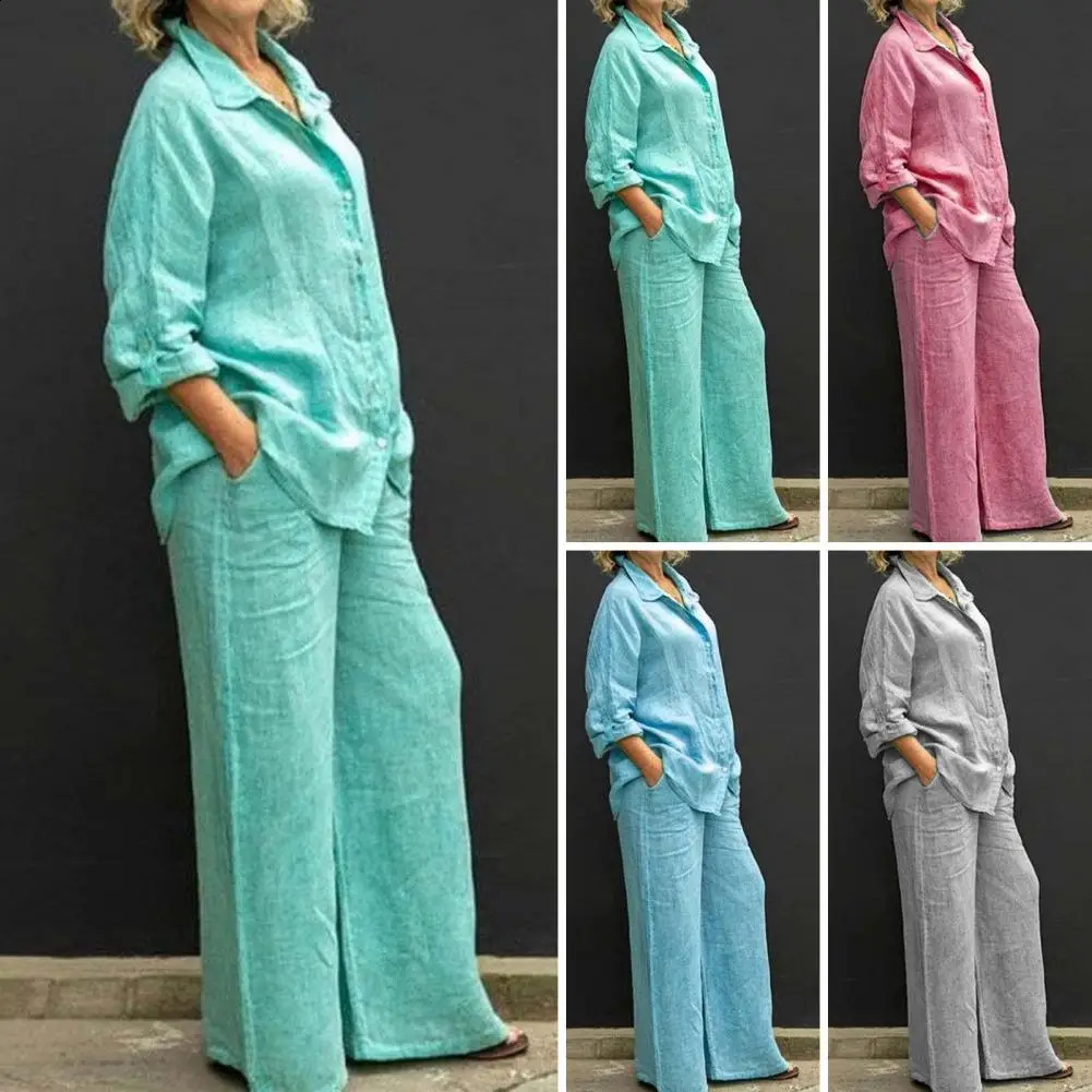Women Cotton Linen Suits Elegant Solid Long Sleeve Shirt Wide Leg Trousers Two Piece Set Female Casual Straight Pants Suits 240813