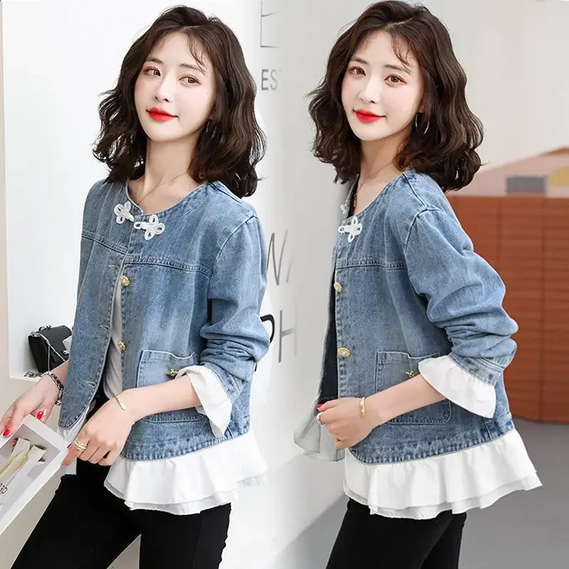 Trendy Womens Tweed Denim Jacket Lace Spliced Two-piece Illusion Denim Clothing Crew Neck For Petite Women 240812