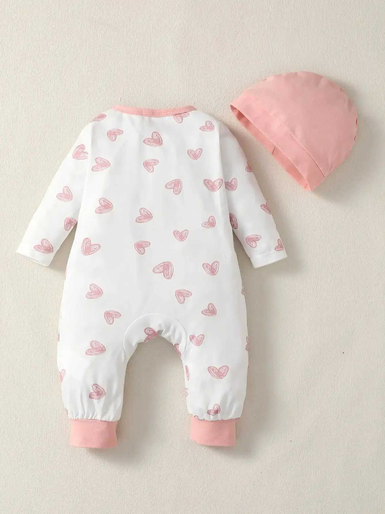 0-2 year old newborn baby Gilr spring summer round neck bow long sleeved love printed pants jumpsuit W240812